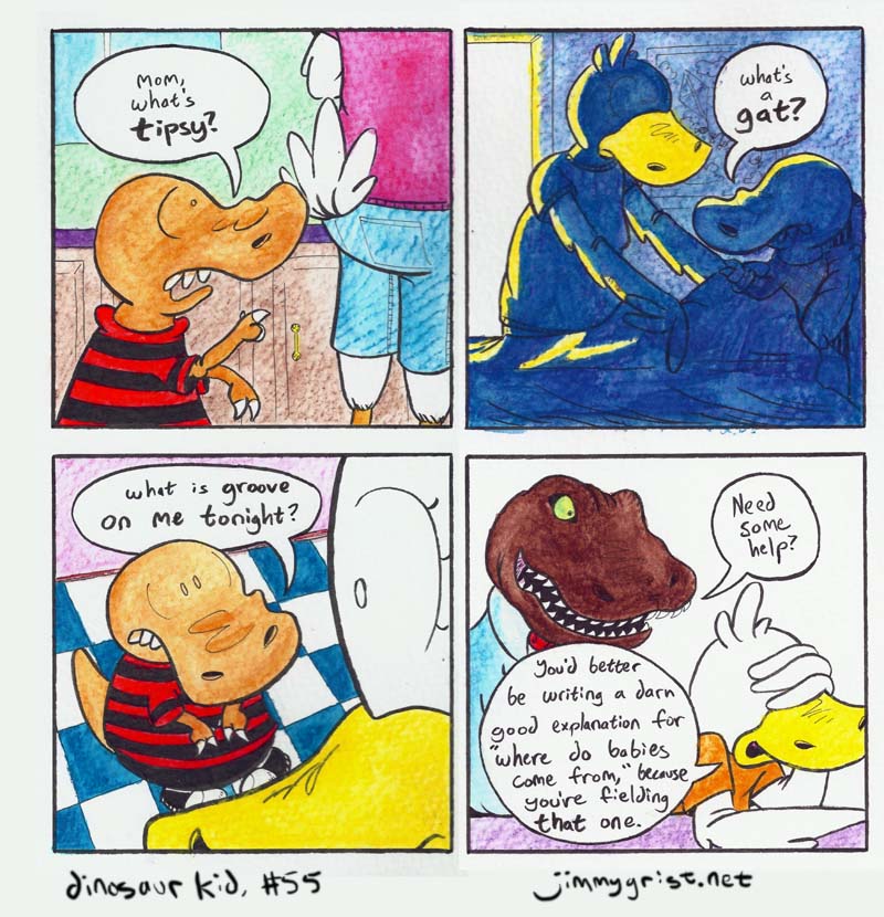 panel 1: jean-stripes! (?)
panel 2: dramatic lighting!
panel 3: zero-point perspective!
panel 4: YUP t-rex dad is brown.
